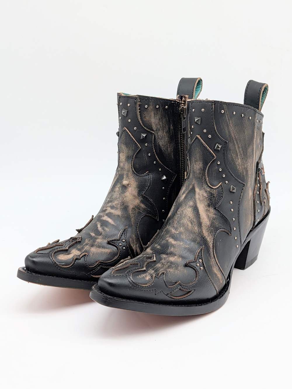 Corral Black Distressed Leather Western Ankle Zip Boot Embroidered Studded US 9
